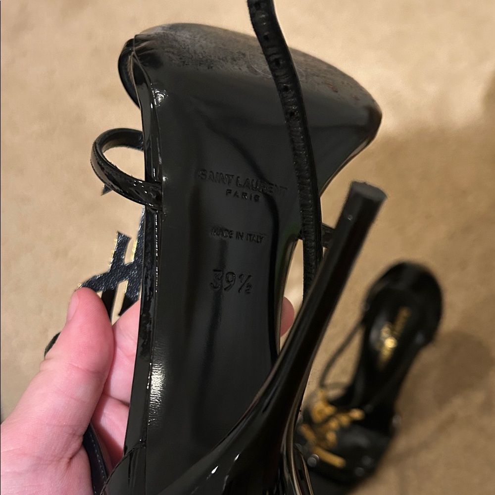 Saint Laurent Glossy Black Heels with Gold Detail - Picture 3 of 5